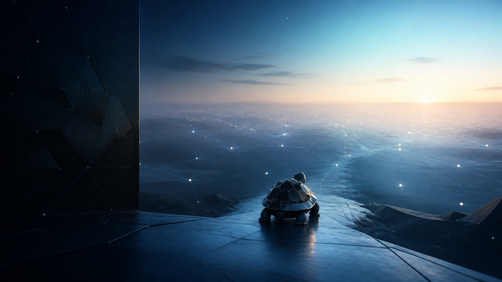 An obsidian turtle crossing a dark boundary toward an open connected digital horizon