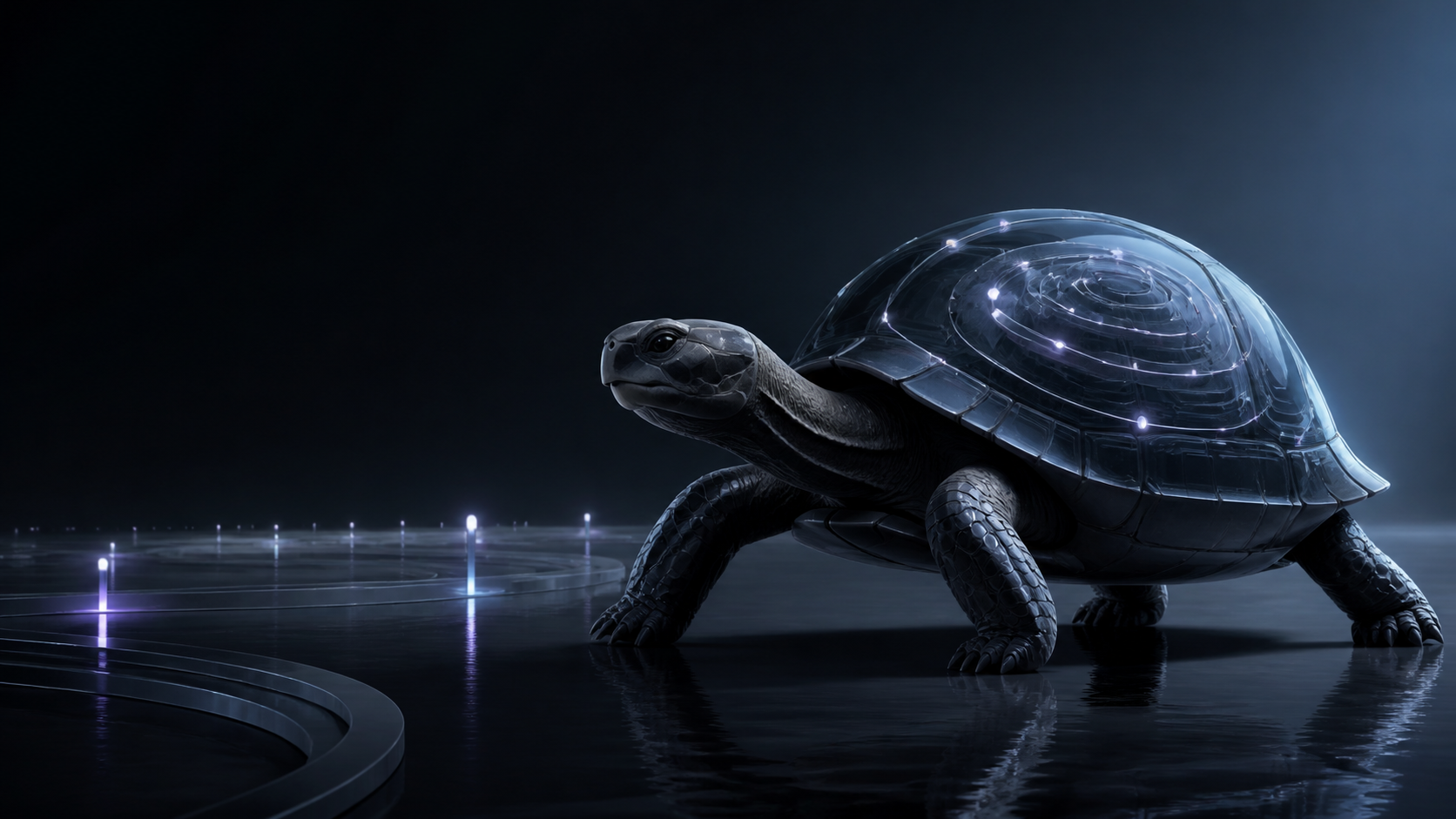 A mature obsidian and glass turtle moving steadily across a field of confirmed nodes