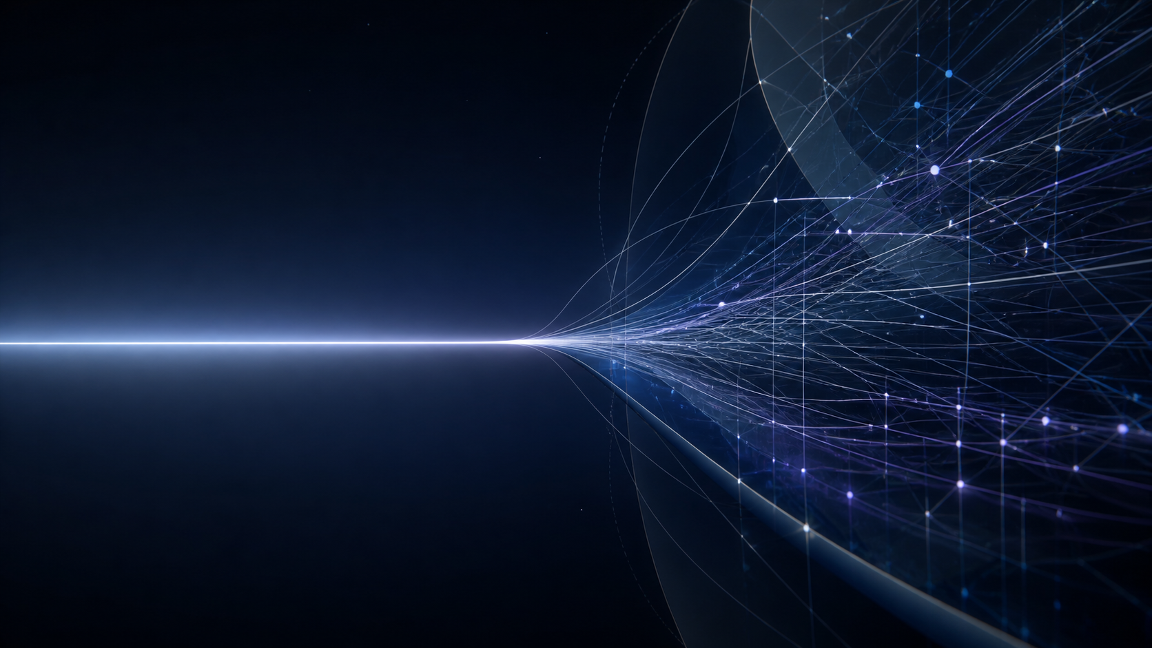 Many complex luminous paths converging into one clear route
